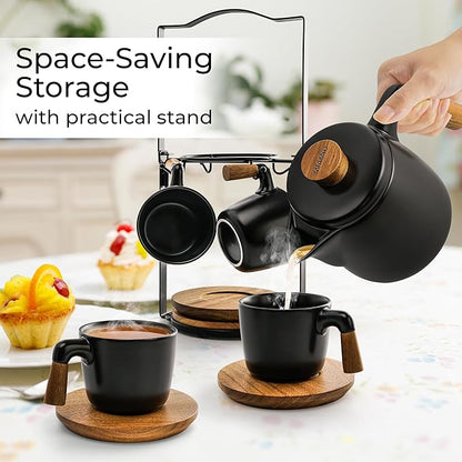 MIAMIO – 34 Oz Ceramic Tea Pot Set with Infuser and Cups/Tea Strainer, 4 Ceramic Tea Mugs (10 Oz), Bamboo Saucers/Handle for Home and Office (Black)