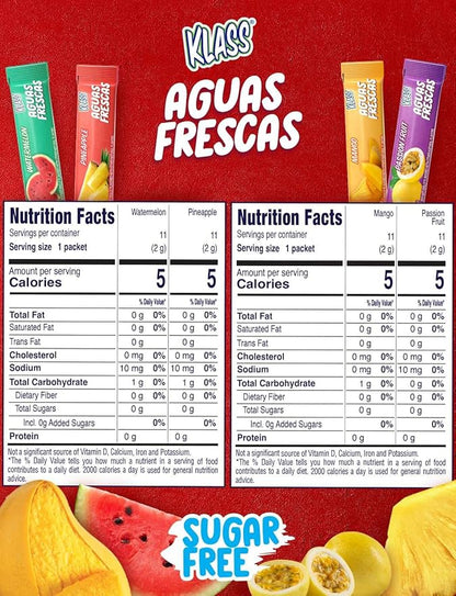 Klass Aguas Frescas Powdered Drink Mix | 44 Sugar Free Powder Packets | Flavors - Mango Watermelon Pineapple & Passionfruit - Water Enhancer To Go!