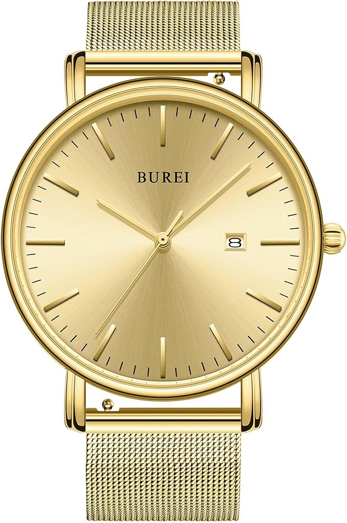 BUREI Men Watches Brown Leather Fashion Minimalist Wrist Watch Simple Ultra Thin Waterproof Quartz Watches All Black Stainless Steel Mesh Band,Gift for Men Women