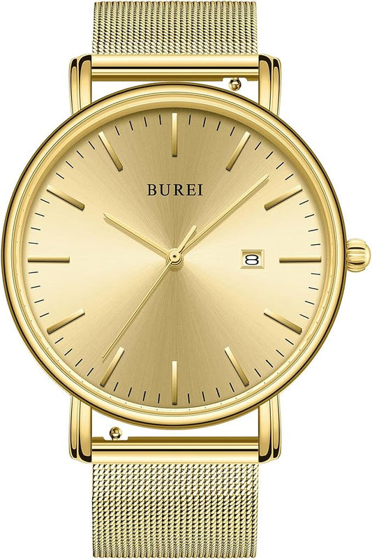 BUREI Men Watches Brown Leather Fashion Minimalist Wrist Watch Simple Ultra Thin Waterproof Quartz Watches All Black Stainless Steel Mesh Band,Gift for Men Women