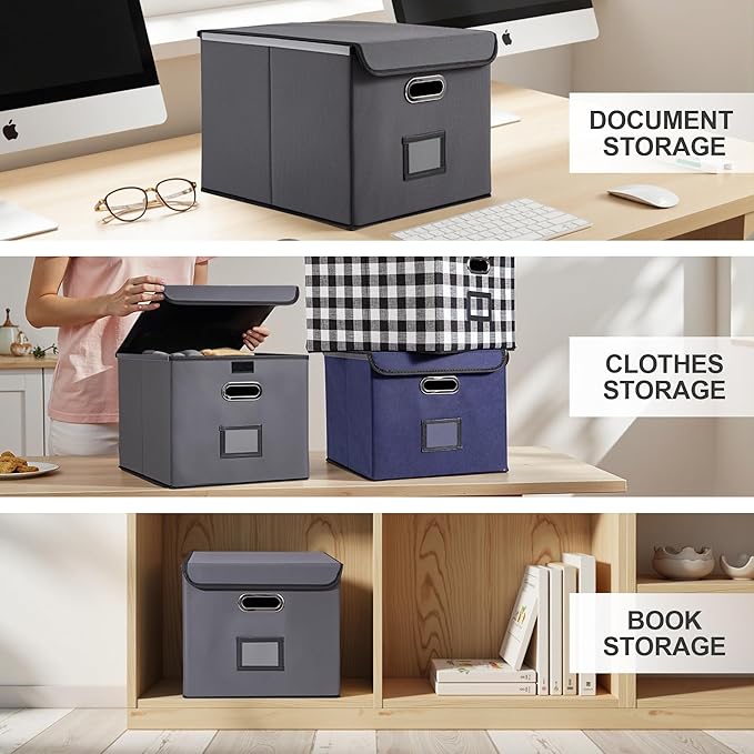 Collapsible File Box with Lid & Plastic Slide - Hanging Document Organizer for Office/Home, 14.96x12.6x10.83 Inch,Decorative Home File Bin,Dark Grey, 2 Pack (No Folders Included)