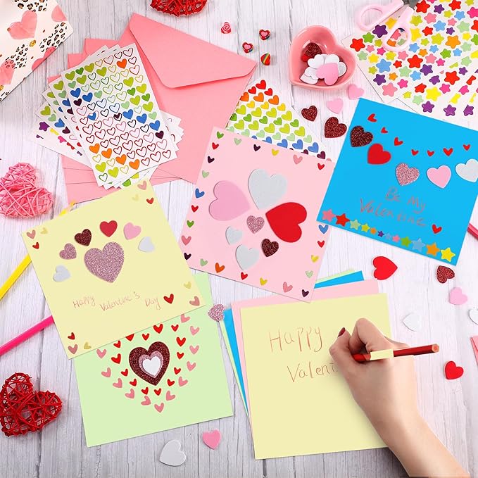 Zonon 16 Pack Valentines Crafts DIY Card Valentines's Day Kits Foam Heart Sticker Craft DIY Kits Envelopes Cards Set for Exchange Gifts (Colorful)