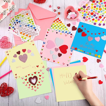 Zonon 16 Pack Valentines Crafts DIY Card Valentines's Day Kits Foam Heart Sticker Craft DIY Kits Envelopes Cards Set for Exchange Gifts (Colorful)