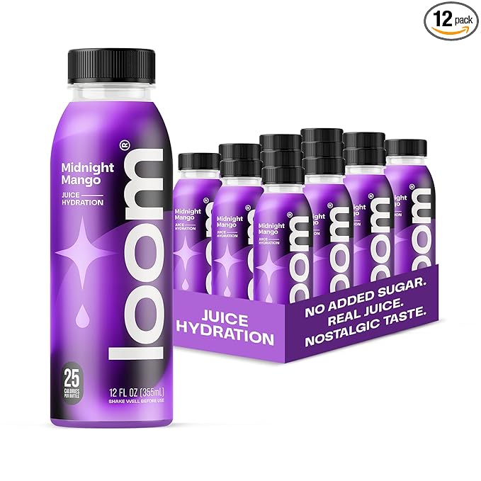 Midnight Mango Juice Drinks by Loom, Low Sugar Juice, Real Fruit, No Added Sugar, 30 Calories, Vegan, Gluten Free, 12 oz bottles, 12 pack