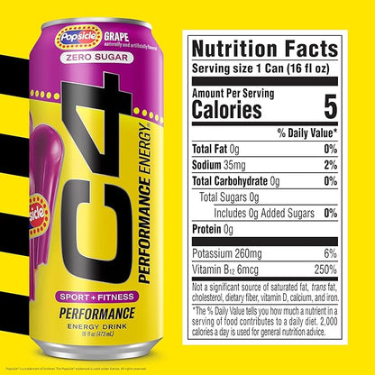 Cellucor C4 Energy Drink x Grape Popsicle, Carbonated Sugar Free Pre Workout Performance Drink with no Artificial Colors or Dyes, 16 Oz, Pack of 12
