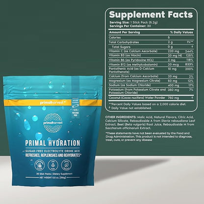 Primal Harvest Electrolytes Powder Packets Primal Hydration, Easy Open Packets, Energy Drink Mix 2 Pack Bundle (Lemon Berry, 60 Packs)