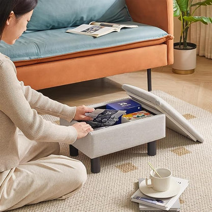 IBUYKE Storage Ottoman Footrest Stool with Linen Fabric, Rectangular, Flip Top Lid, Non-Slip Feet, Compact Design, Stylish and Functional, Linen RF-BD223