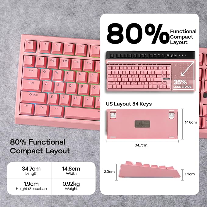 EPOMAKER G84 80% RGB Gaming Mechanical Keyboard, 2.4GHz/ Type-C/BT Wireless Keyboard, QMK/VIA Programmable, Hot-Swappable, NKRO, with Shine Through PBT Keycaps for Gamers (Pink, Creamy Jade Switch)