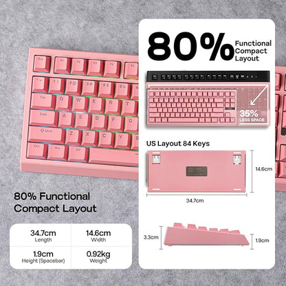 EPOMAKER G84 80% RGB Gaming Mechanical Keyboard, 2.4GHz/ Type-C/BT Wireless Keyboard, QMK/VIA Programmable, Hot-Swappable, NKRO, with Shine Through PBT Keycaps for Gamers (Pink, Creamy Jade Switch)
