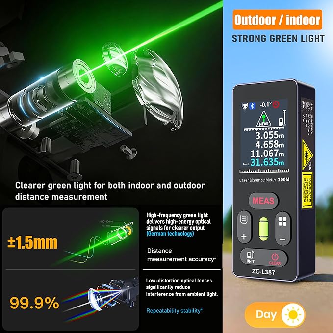 Laser Measuring Tool 328 Ft Dual Green Laser Rangefinder Green Crosshair Laser Measuring Tool Backlit LCD Display Rechargeable Laser Rangefinder/Length/Volume/Area/Voice (m/Ft/in) ZC-L387 ZHOUCE