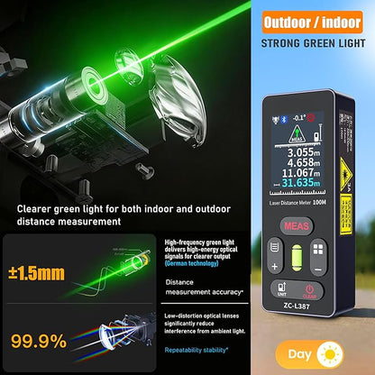 Laser Measuring Tool 328 Ft Dual Green Laser Rangefinder Green Crosshair Laser Measuring Tool Backlit LCD Display Rechargeable Laser Rangefinder/Length/Volume/Area/Voice (m/Ft/in) ZC-L387 ZHOUCE