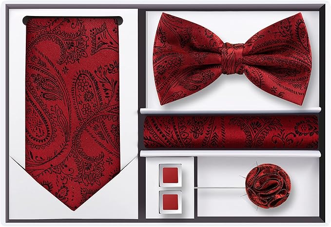 TIE G 5pcs Tie Set in WHITE OR BLACK GIFT BOX: Solid Color Necktie, Satin Bow Tie, Pocket Square, Lapel, Cuff Links