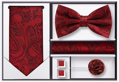 TIE G 5pcs Tie Set in WHITE OR BLACK GIFT BOX: Solid Color Necktie, Satin Bow Tie, Pocket Square, Lapel, Cuff Links