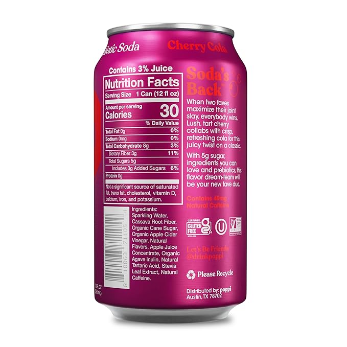 POPPI Sparkling Prebiotic Soda, Beverages w/Apple Cider Vinegar, Seltzer Water & Fruit Juice, Cherry Cola, 12 oz (12 Pack)