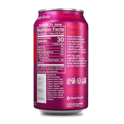POPPI Sparkling Prebiotic Soda, Beverages w/Apple Cider Vinegar, Seltzer Water & Fruit Juice, Cherry Cola, 12 oz (12 Pack)