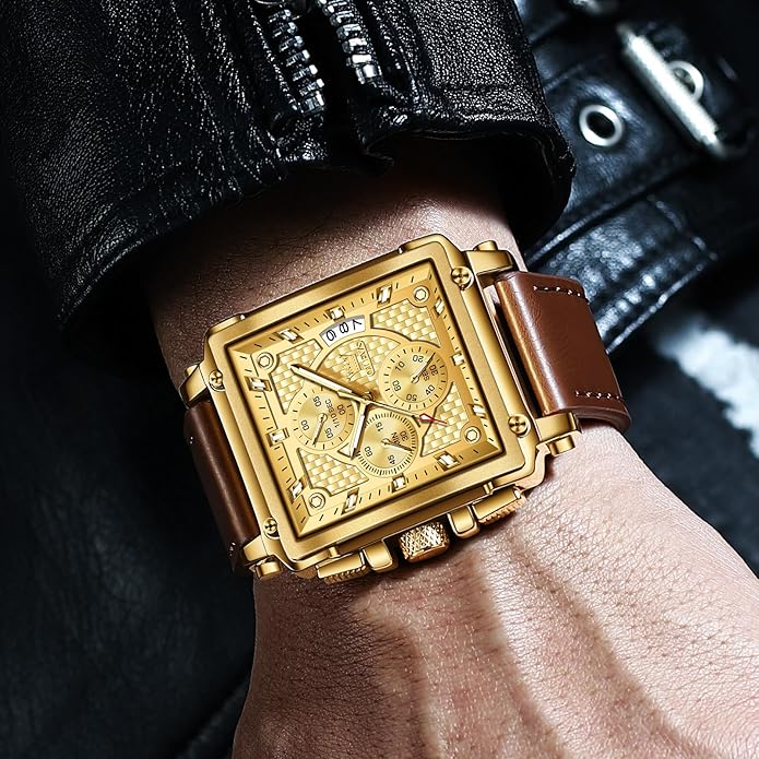 OLEVS Men's Chronograph Leather Watch, Big Face Easy to Read Analog Quartz Dress Watch, Casual Waterproof Luminous Hands Date Watches for Men, White/Blue/Black/Gold Dial