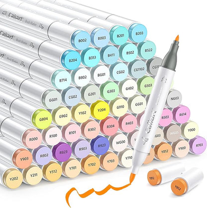 Caliart Pastel Markers Brush Tip, 61 Colors Alcohol Marker Set Dual Tip Permanent Art Pens for Adult Coloring Book, Artist Sketch Illustration Halloween Drawing Supplies Kit Gift, Brush & Fine