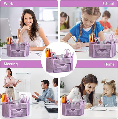 Office Supplies for Desk,14pcs Purple Desk Sets and Accessories, Office Supply Kit with Mesh Desktop Organizer and Stapler,Staple Remover, Staples,Tape Dispenser,Sticky Tabs,Scissors, Ruler