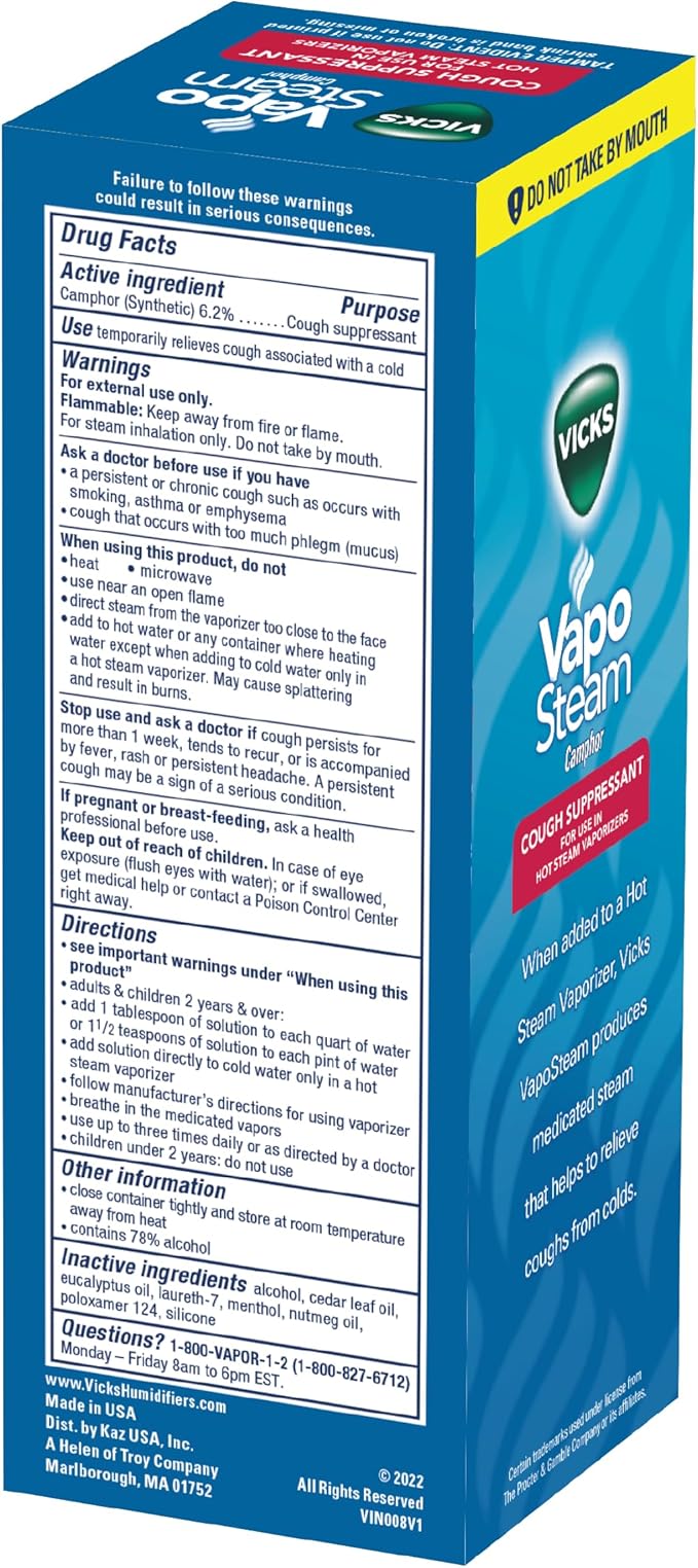 Vicks VapoSteam Medicated Liquid with Camphor, a Cough Suppressant, 8 Oz – VapoSteam Liquid Helps Relieve Coughing, for Use in Vaporizers and Humidifiers (Pack of 2)