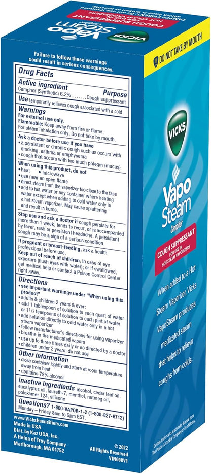 Vicks VapoSteam Medicated Liquid with Camphor, a Cough Suppressant, 8 Oz – VapoSteam Liquid Helps Relieve Coughing, for Use in Vaporizers and Humidifiers (Pack of 2)