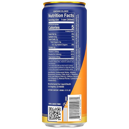 Liquid Death Orange Horror, Orange and Cream-Flavored Sparkling Energy, Sugar-Free Energy Drink, 100mg Caffeine, 12 Fl Oz (Pack of 12)