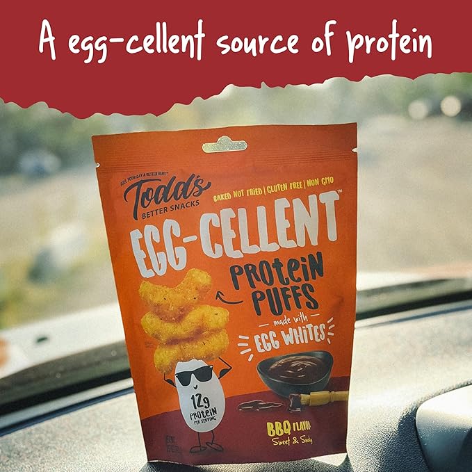 Todd's Better Snacks Egg-Cellent Protein Puffs, Sweet & Smoky BBQ – 12g Protein, Gluten-Free, Paleo-Friendly, Baked, GLP-1 Compliant – Healthy Snack, Made with Egg Whites – 2.5 Oz (Pack of 4)