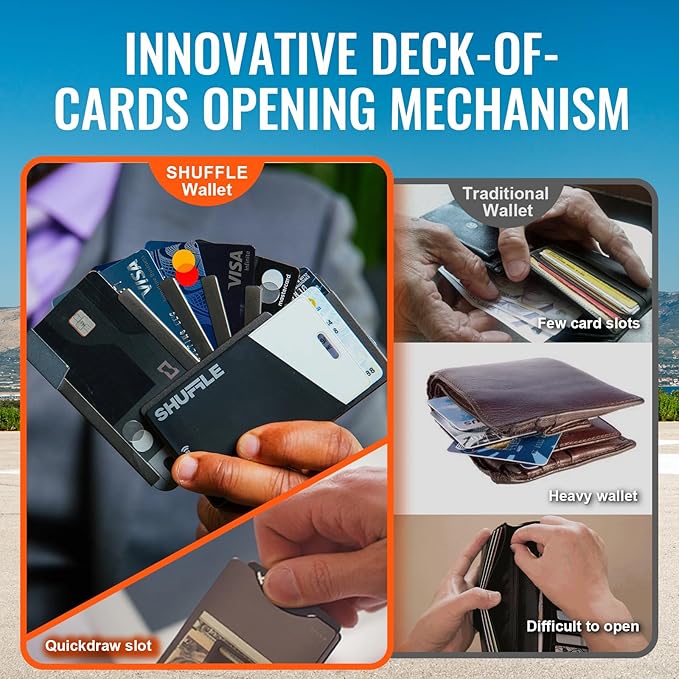 Men's Wallet - Shuffle Wallet with Deck-of-Cards Opening, RFID Blocking, Slim Design, Aluminum Card & Money Clip Wallet, Holds 6-8 Cards, Wallet with Gift Box (Gunmetal)