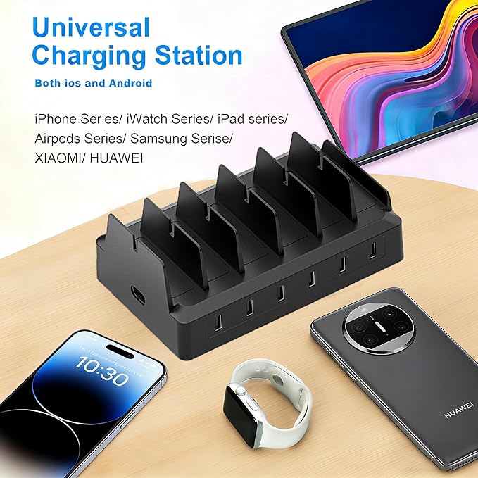 Charging Station for Multiple Devices, 6 Port USB Charger with Holder Stand and Cables for iPad, Apple, Android, Tablet, Office Desk Charging Dock Storage Organizer (Black)