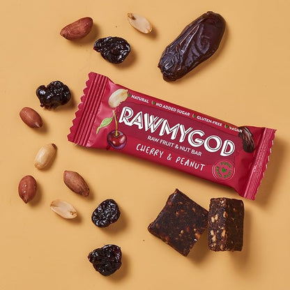 RAWMYGOD Fruit and Nut Bars, Gluten Free, Vegan, No Added Sugar (16 bars, Cherry & Peanut)