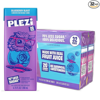 PLEZi Fruit Juice Boxes For Kids, Blueberry Blast – Low Sugar Drinks with Dietary Fiber, Healthy Vitamin C, and Potassium Electrolytes – 6.75 Fl Oz (Pack of 32)