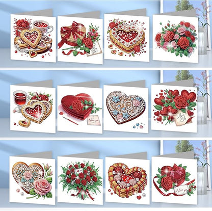 jinglinhh 12pcs Valentine's Day Diamond Art Painting Rose Flower Love Heart Cake Greeting Cards with Envelopes, DIY Card Making Kits for Adults, Diamond Art Holiday Birthday Cards Craft Gifts