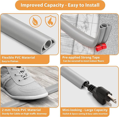 12ft Cord Cover Floor for Extension Cords, Self-Adhesive Floor Cable Cover to Protect Cables & Prevent Tripping, PVC Cord Hider Protector, Internal Wire Management Channel Diameter: 0.39", Grey