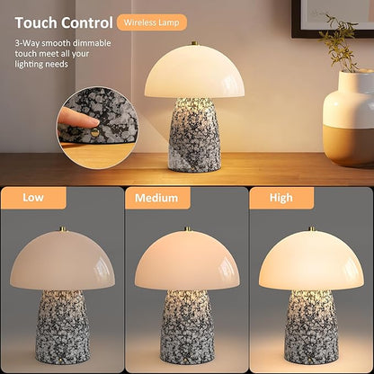 11" Mushroom Table Lamp, Small Ceramic Desk Bedside Lamp with Touch Control 3-Way Dimmable & Glass Shade, Modern Nightstand Lamp for Living Room Bedroom Home Office Crackle Texture Decor-Black