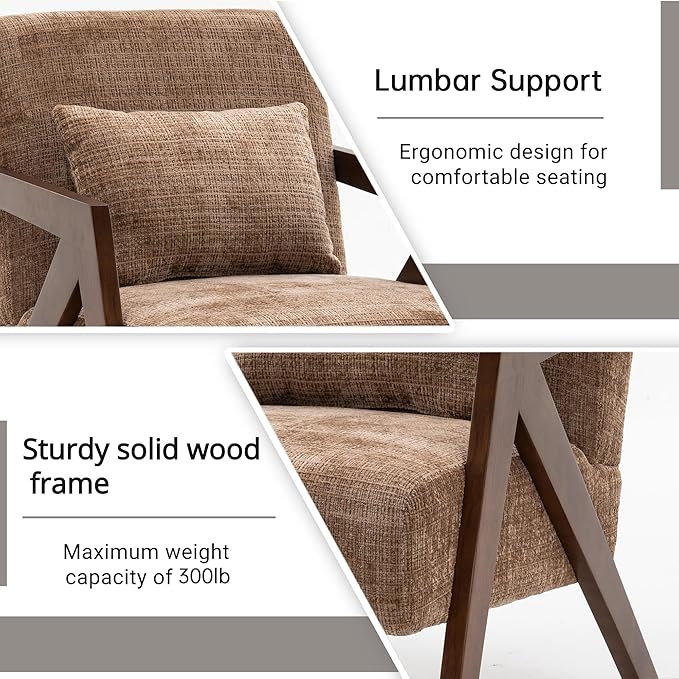 Mid Century Modern Accent Chair with Solid Wood Frame，Upholstered Chenille Living Room Arm Chairs with Pillow for Bedroom, Living Room, Reading Room, Balcony (1, Brown)