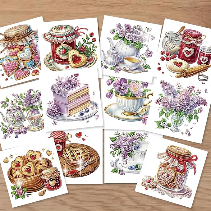 jinglinhh 12pcs Valentine's Day Diamond Art Painting Love Heart Cookies Cakes Afternoon Tea Flowers Greeting Cards with Envelopes, DIY Card Making Kits for Adults, Diamond Art Birthday Holiday Cards Craft Gifts