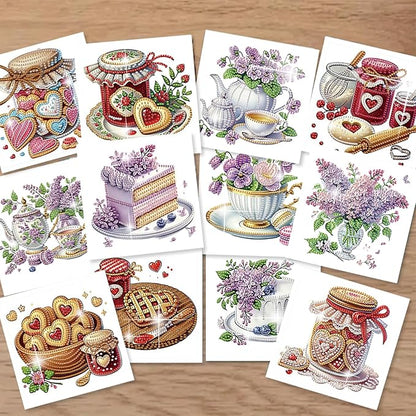 jinglinhh 12pcs Valentine's Day Diamond Art Painting Love Heart Cookies Cakes Afternoon Tea Flowers Greeting Cards with Envelopes, DIY Card Making Kits for Adults, Diamond Art Birthday Holiday Cards Craft Gifts