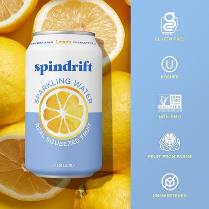 Spindrift Sparkling Water, Lemon Flavored, Made with Real Squeezed Fruit, 12 Fl Oz Cans, Pack of 24 (Only 3 Calories per Can)