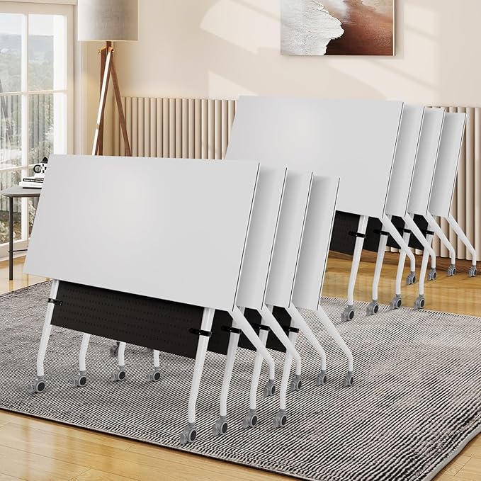 Conference Room Table, 55 Inch Folding Conference Tables with Wheels, Modern Office Meeting Table, Easy Flip & Nest Design, Rectangular Seminar Tables with Metal Frame for 2-24 People(H 8PCS)