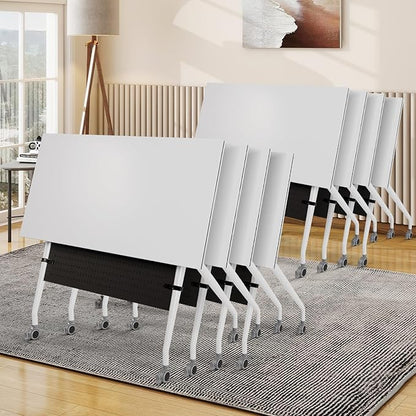 Conference Room Table, 55 Inch Folding Conference Tables with Wheels, Modern Office Meeting Table, Easy Flip & Nest Design, Rectangular Seminar Tables with Metal Frame for 2-24 People(H 8PCS)