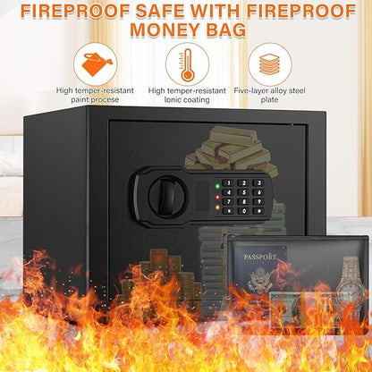 9.84" Tall Small Fireproof Safe Box, 1.2 Cu Ft Security Home Safe with Fireproof Money Bag, Digital Safes with Combination Lock and Removable Shelf for Home Personal Privacy Cash Medicine Documents