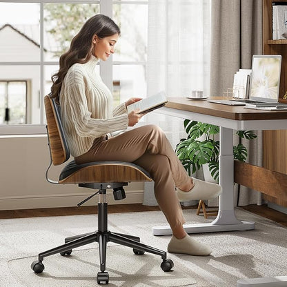 Armless Office Chair, Mid Century Modern Desk Chair with Walnut Wood Back & SGS Level 3 Gas Lift, Swivel PU Leather Computer Chair for Small Space, Home Office, Bedroom, 300lbs Cap, Black