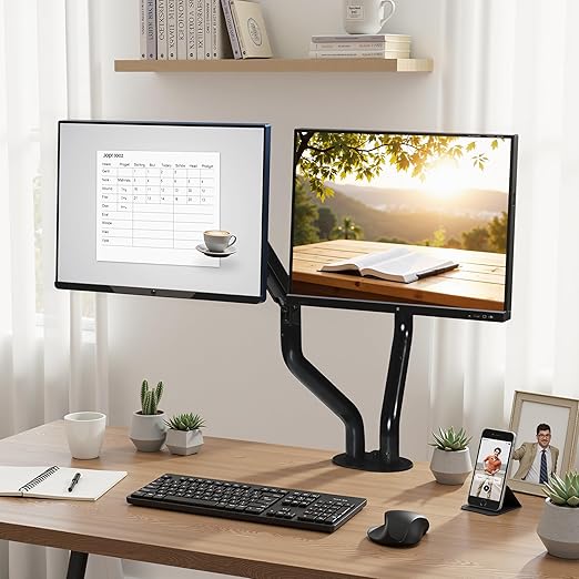 Lyngins Dual Monitor Desk for 15 to 27 Inch Screens Computer Dual Monitor Stand for Desk, Stand Up to 26.4lbs Monitor Wall Mount, VESA Mounting Holes 75 and 100mm, Black