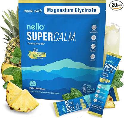 Nello Supercalm Powdered Drink Mix, Cortisol Reducer* and Sleep Aid Supplement, L Theanine, Ksm-66 Ashwagandha, Magnesium Glycinate, Vitamin D 3, No Sugar, Non GMO, On The Go, 20 Ct, Pineapple Mint