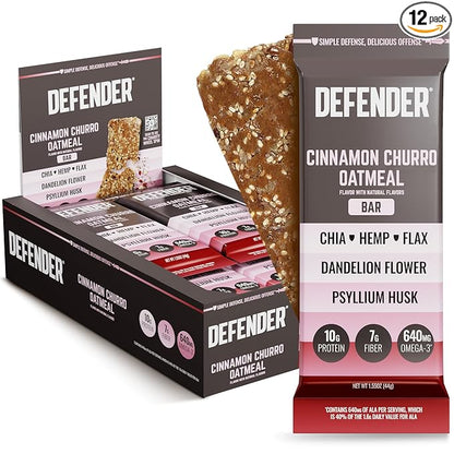 Defender Vegan Protein Bar, Cinnamon Churro Oatmeal, Plant Based Snack Breakfast Bars, Psyllium Husk, High Fiber, Non GMO, Kosher, No Stevia & Sugar Alcohols, 12 Bars, Holiday Gift Item, Stocking Stuffer