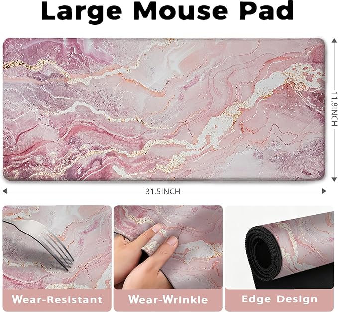 Pink Gold Marble Patterns Desk Mat, Large Gaming Mouse Pad Non-Slip Rubber Base with Stitched Edges, Waterproof Protection for PC Laptop Home Office Desk Decor (31.5x11.8in)