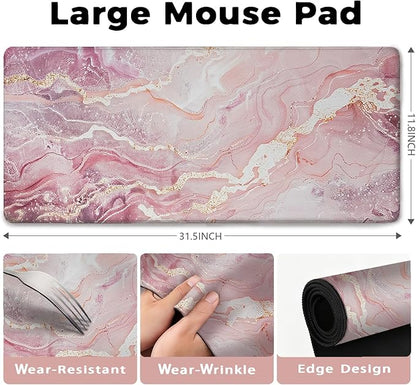 Pink Gold Marble Patterns Desk Mat, Large Gaming Mouse Pad Non-Slip Rubber Base with Stitched Edges, Waterproof Protection for PC Laptop Home Office Desk Decor (31.5x11.8in)