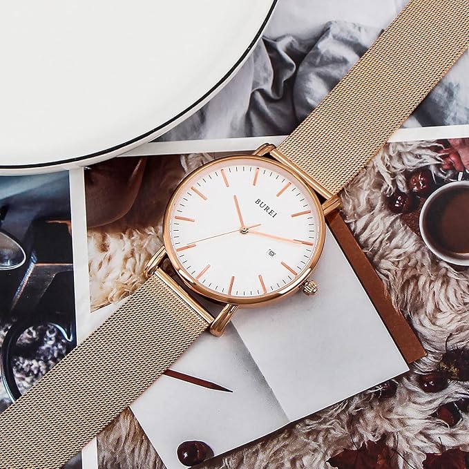 BUREI Men Watches Brown Leather Fashion Minimalist Wrist Watch Simple Ultra Thin Waterproof Quartz Watches All Black Stainless Steel Mesh Band,Gift for Men Women