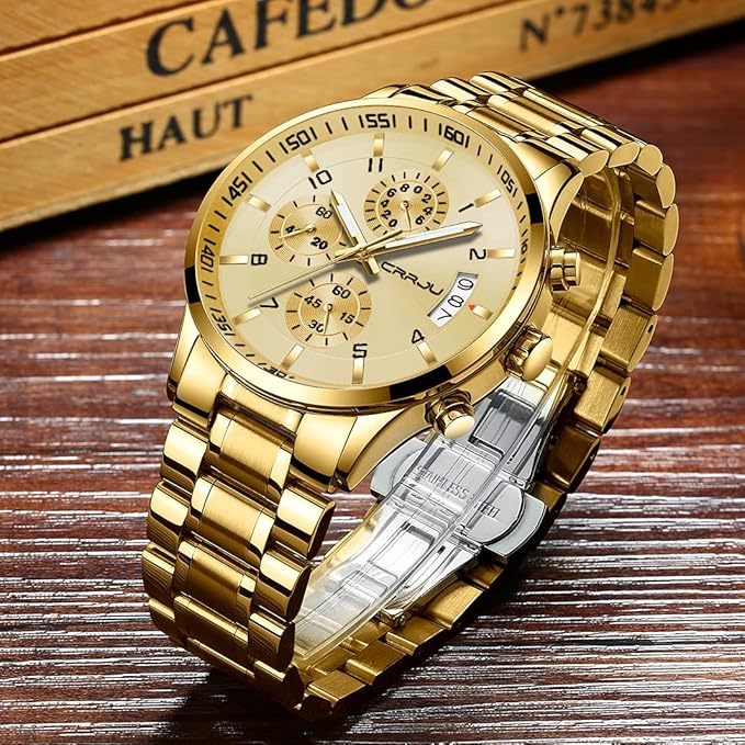 CRRJU Men's Fashion Stainless Steel Watches Date Waterproof Chronograph Wristwatches,Black Steel Band Waterproof Quartz Watch for Men