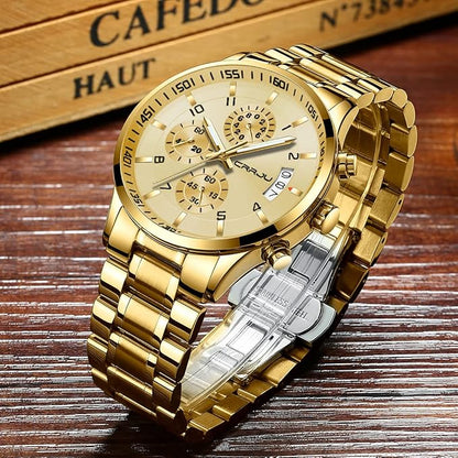 CRRJU Men's Fashion Stainless Steel Watches Date Waterproof Chronograph Wristwatches,Black Steel Band Waterproof Quartz Watch for Men