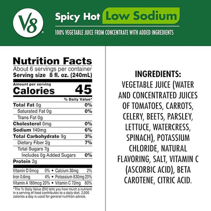 V8 Low Sodium Spicy Hot 100% Vegetable Juice, 46 fl oz Bottle (6 Pack)